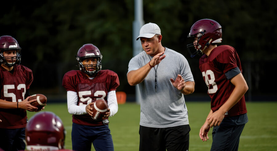 Football coach instructing youth players